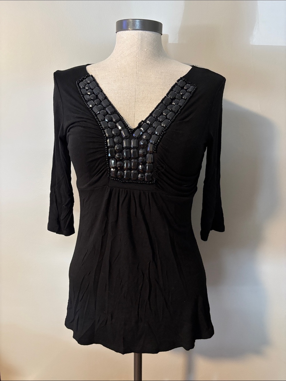 Embellished Black V-Neck Tunic Top